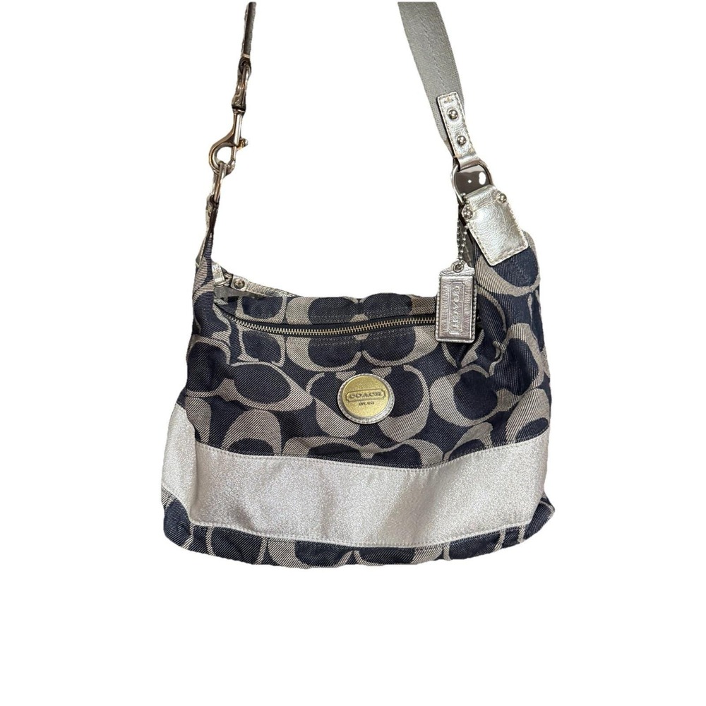 Coach Signature Carly Blue Silver Stripe Canvas Hobo Handbag Navy Denim F17434